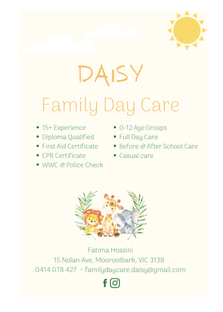 Daisy Family Day Care |  | 62 Winyard Dr, Mooroolbark VIC 3138, Australia | 0414078427 OR +61 414 078 427