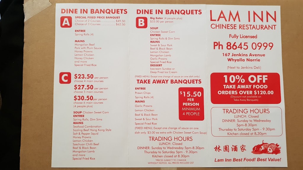 Lam Inn Chinese Restaurant | restaurant | 167 Jenkins Ave, Whyalla Norrie SA 5608, Australia | 0886450999 OR +61 8 8645 0999