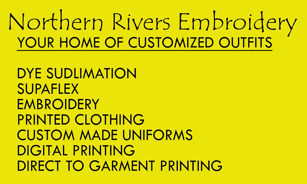 Northern Rivers Embroidery | clothing store | 117 Jowetts Rd, Upper Burringbar NSW 2483, Australia | 0411760161 OR +61 411 760 161