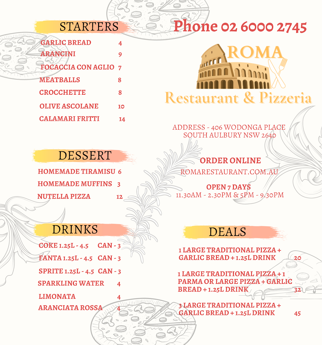 Roma Restaurant and Pizzeria | meal delivery | 406 Wodonga Pl, Albury NSW 2640, Australia | 0260002745 OR +61 2 6000 2745