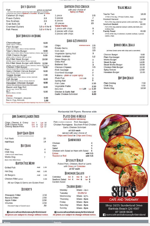 Sues Cafe and Takeaway | meal takeaway | 16/25 Sunderland Dr, Banksia Beach QLD 4507, Australia | 0734088448 OR +61 7 3408 8448