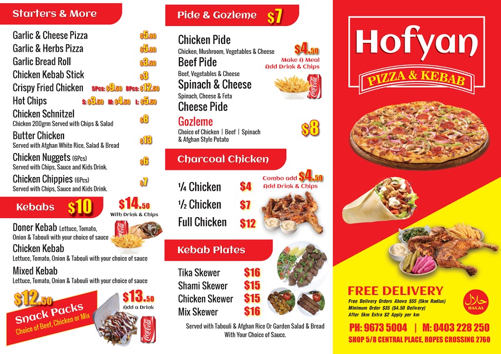 Hofyan Pizza & Kebab | restaurant | shop 5/8 Central Pl, Ropes Crossing NSW 2760, Australia | 0296735004 OR +61 2 9673 5004