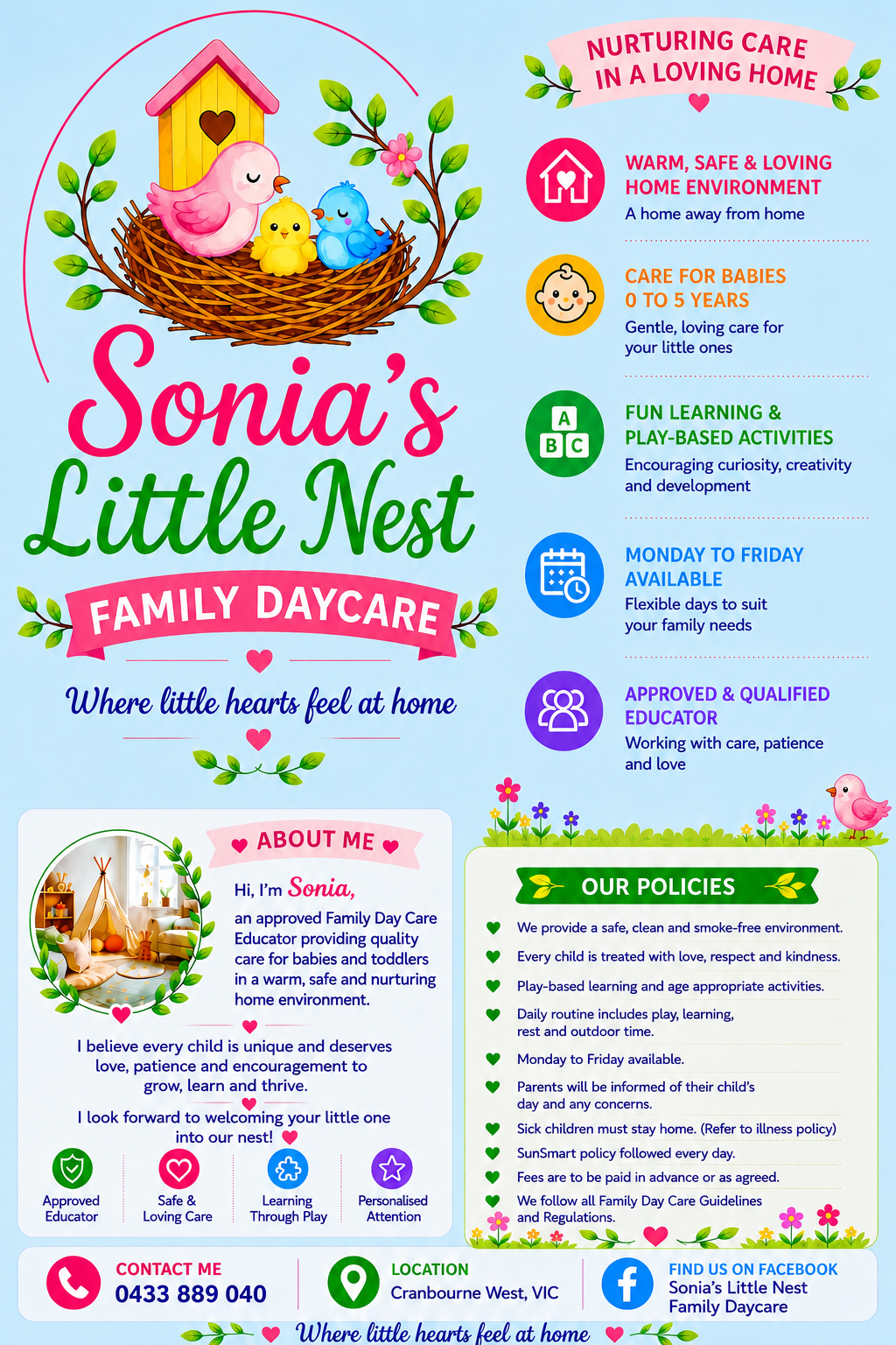 Sonia’s little nest family daycare | 19 Stocks Dr, Cranbourne West VIC 3977, Australia | Phone: 0433 889 040