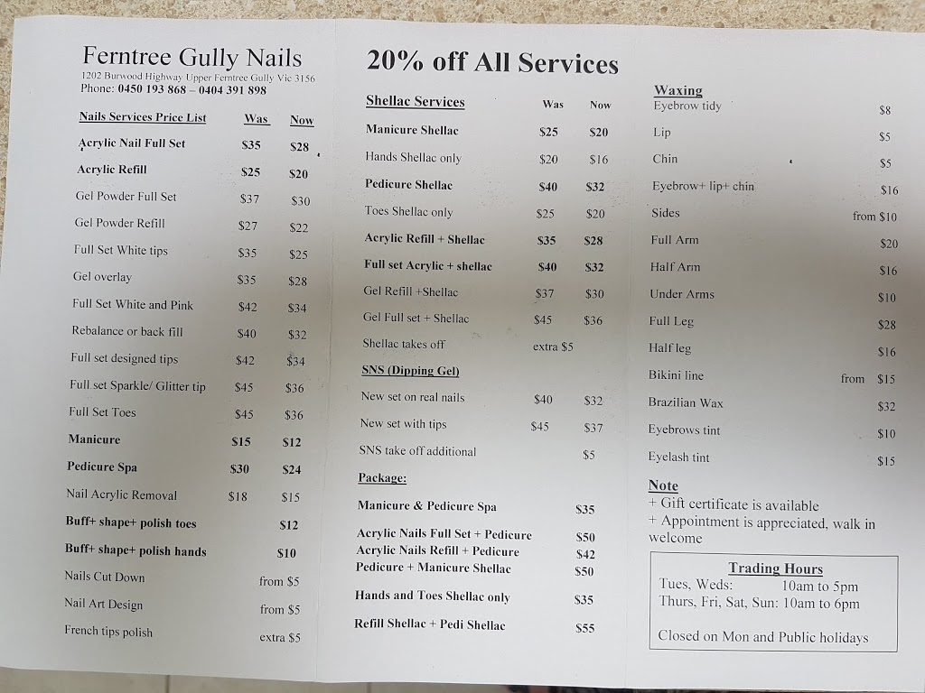 Ferntree Gully Nails | pharmacy | 1202 Burwood Hwy, Upper Ferntree Gully VIC 3156, Australia | 0450193868 OR +61 450 193 868