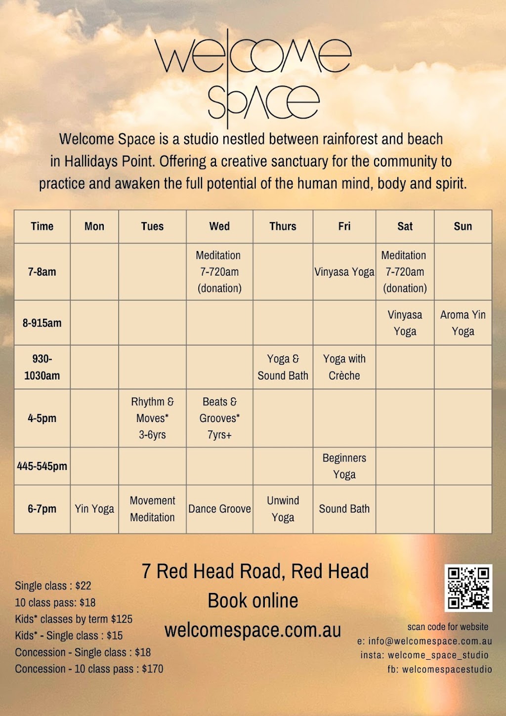 Welcome Space Yoga & Sound Healing | 7 Red Head Rd, Red Head NSW 2430, Australia | Phone: (02) 6553 4781