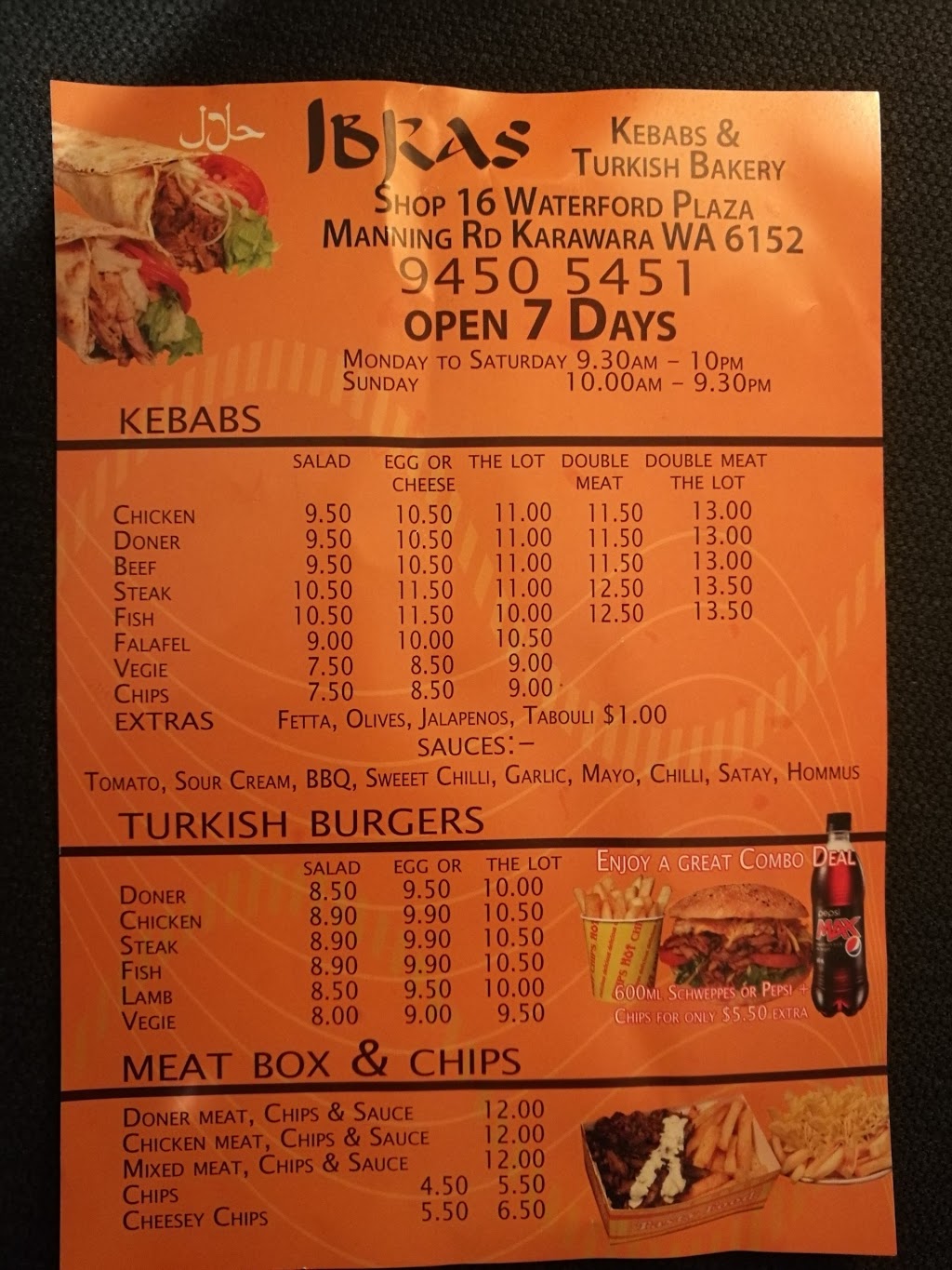 Ibras Kebabs | meal takeaway | 16 Manning Rd, Karawara WA 6152, Australia | 0894505451 OR +61 8 9450 5451
