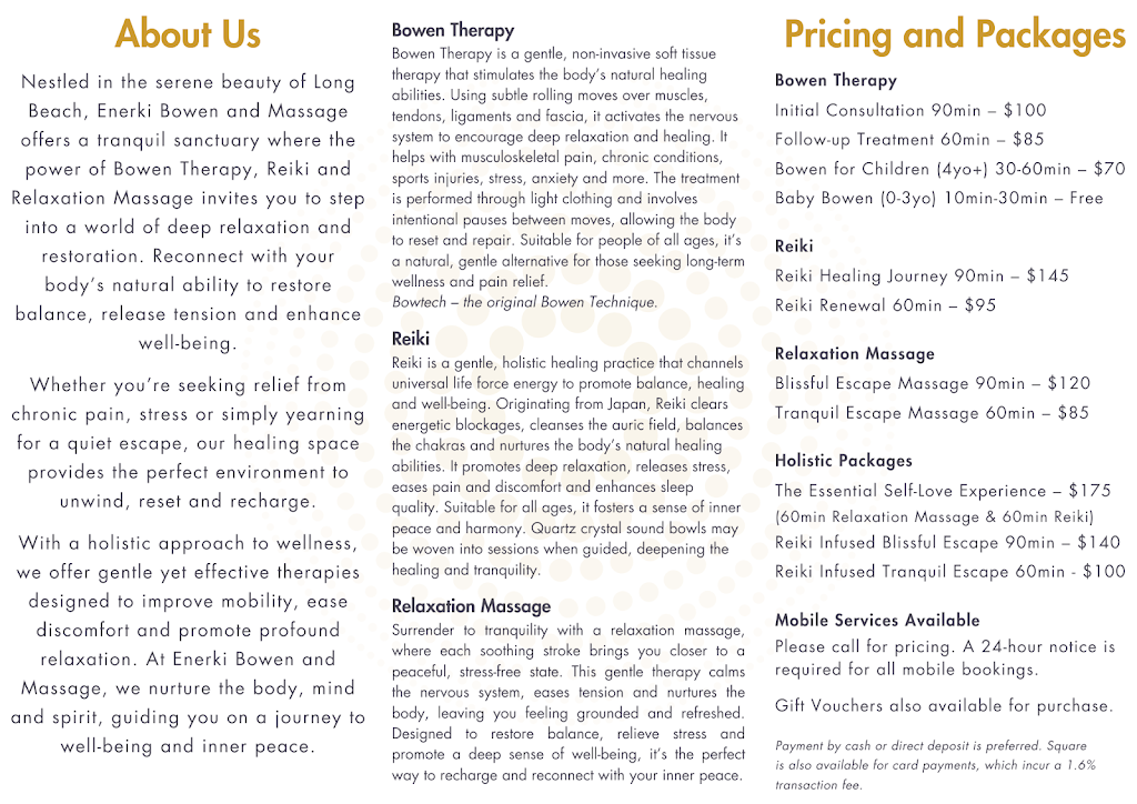 Enerki Bowen and Massage | 33 Kettle Rd, Long Beach NSW 2536, Australia | Phone: 0407 069 883