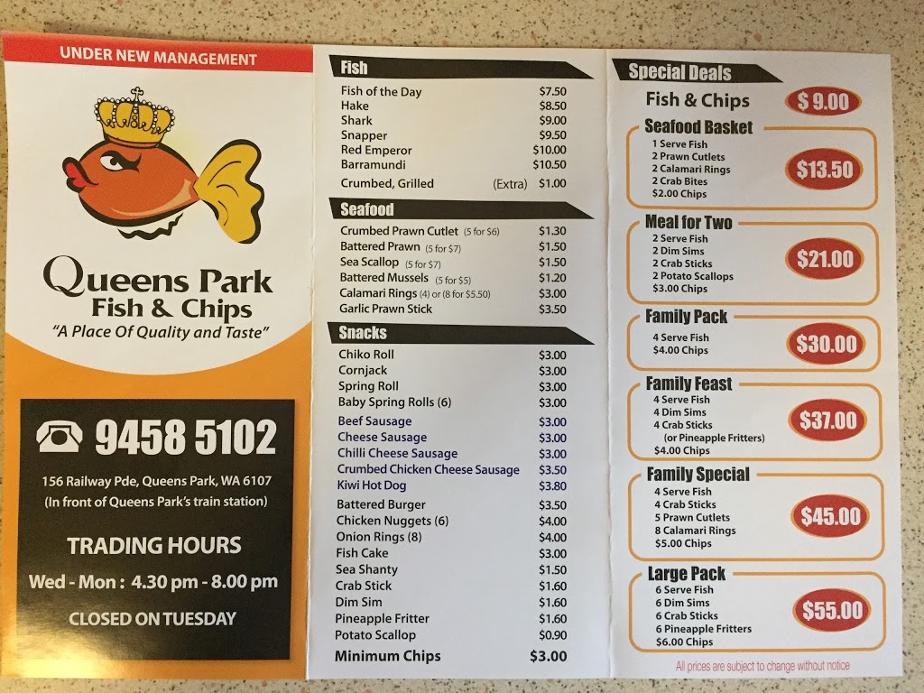Queens Park Fish & Chips | restaurant | 156A Railway Parade, Queens Park WA 6107, Australia | 0894585102 OR +61 8 9458 5102