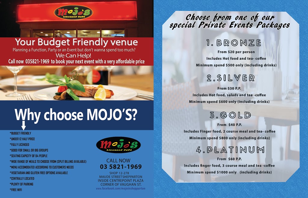 Mojos Licensed Cafe | cafe | 12/276 Maude St, Shepparton VIC 3630, Australia | 0358630963 OR +61 3 5863 0963