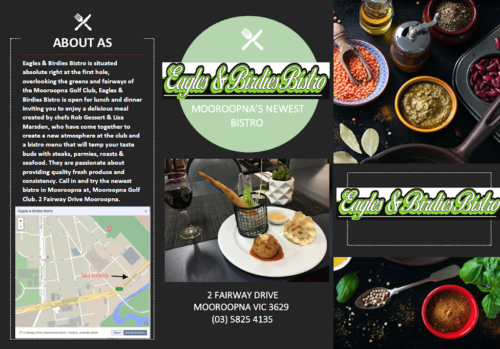 Eagles & Birdies Bistro | restaurant | 2 Fairway Dr, Mooroopna VIC 3629, Australia | 0358254798 OR +61 3 5825 4798