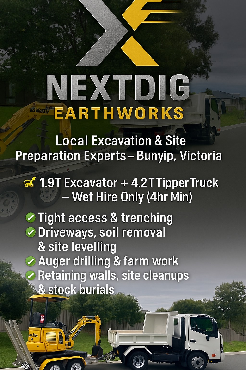 NextDig Earthworks | Unit 2, Bunyip VIC 3815, Australia | Phone: 0428 527 245