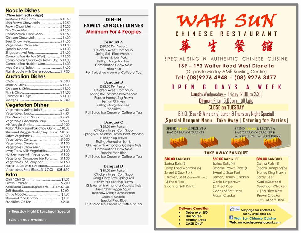 Wah Sun Restaurant | restaurant | 189 Walter Rd W, Dianella WA 6059, Australia | 0892763477 OR +61 8 9276 3477