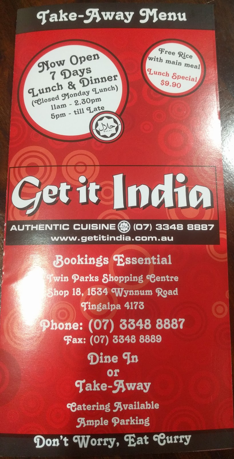 Get It India | meal takeaway | 1534 Wynnum Rd, Tingalpa QLD 4173, Australia | 0733488887 OR +61 7 3348 8887