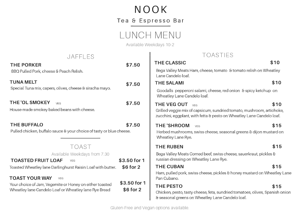 Nook Tea & Espresso Bar | 158 Carp St, Bega NSW 2550, Australia | Phone: 0490 844 295