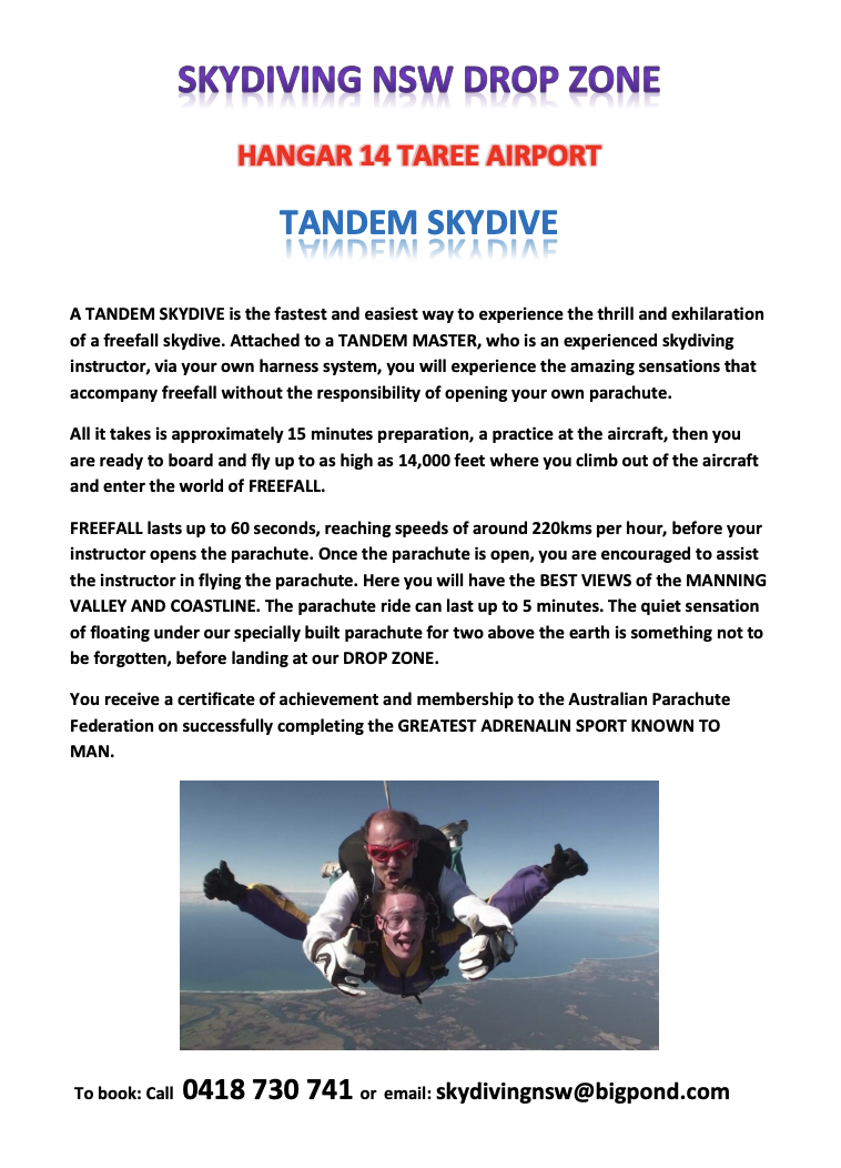 Skydiving NSW Drop Zone |  | 14 Airport Dr, Cundletown NSW 2430, Australia | 0418730741 OR +61 418 730 741