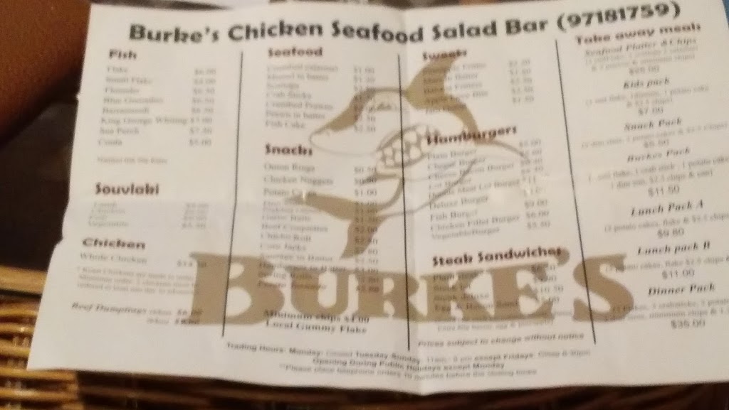 Burkes Chicken Seafood and Salads Bar | meal takeaway | 920 Heidelberg-Kinglake Rd, Hurstbridge VIC 3099, Australia | 0397181759 OR +61 3 9718 1759
