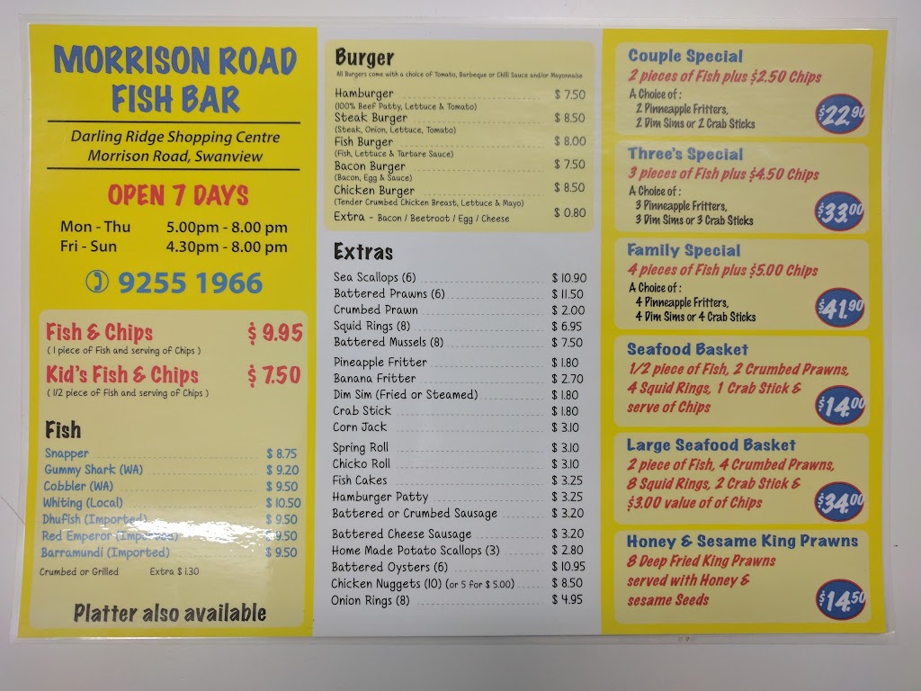 Morrison Road Fish Bar | meal takeaway | Darling Ridge Shopping Centre, 309 Morrison Rd, Swan View WA 6056, Australia | 0892551966 OR +61 8 9255 1966