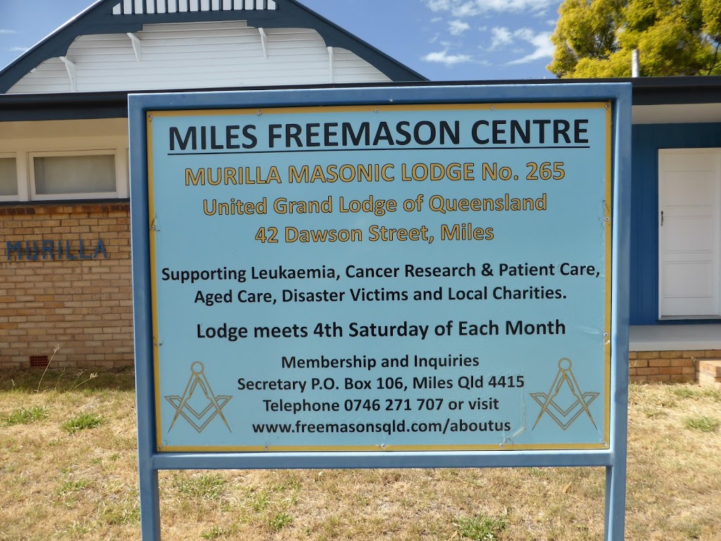 Murilla Masonic lodge No.265 |  | 42 Dawson St, Miles QLD 4415, Australia | 0746271707 OR +61 7 4627 1707