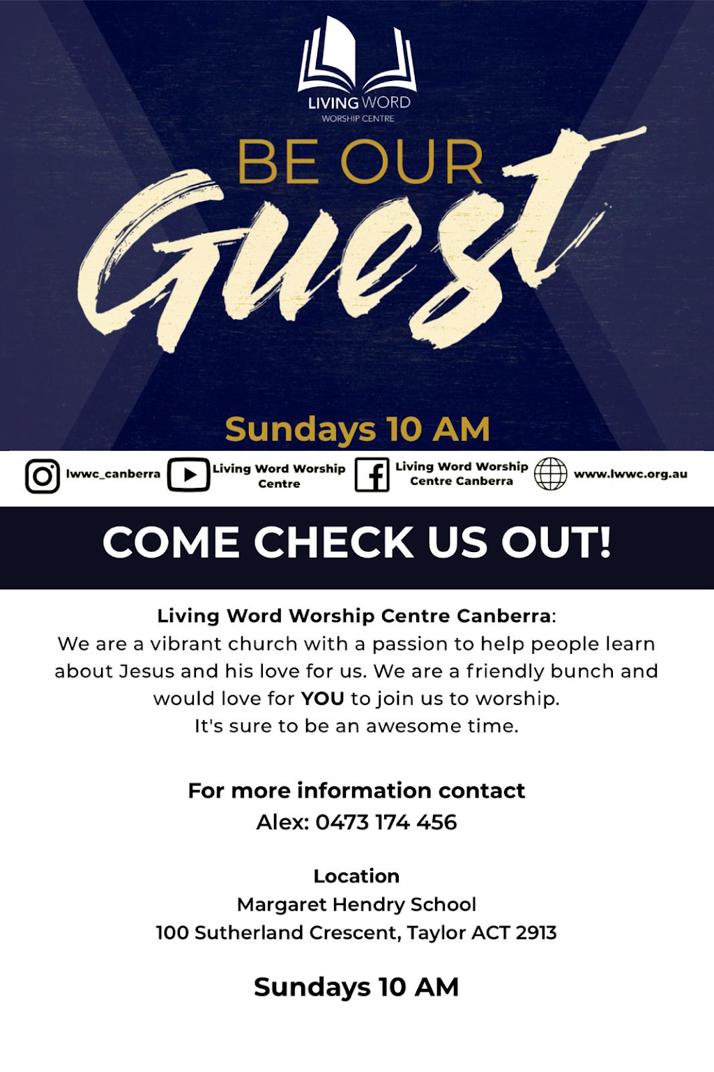 Living Word Worship Centre Canberra | church | 100 Sutherland Cres, Taylor ACT 2913, Australia | 0473174456 OR +61 473 174 456