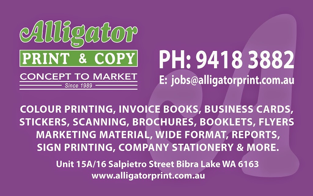 Alligator Print & Copy | 15a/16 Salpietro St, Bibra Lake WA 6163, Australia | Phone: (08) 9418 3882