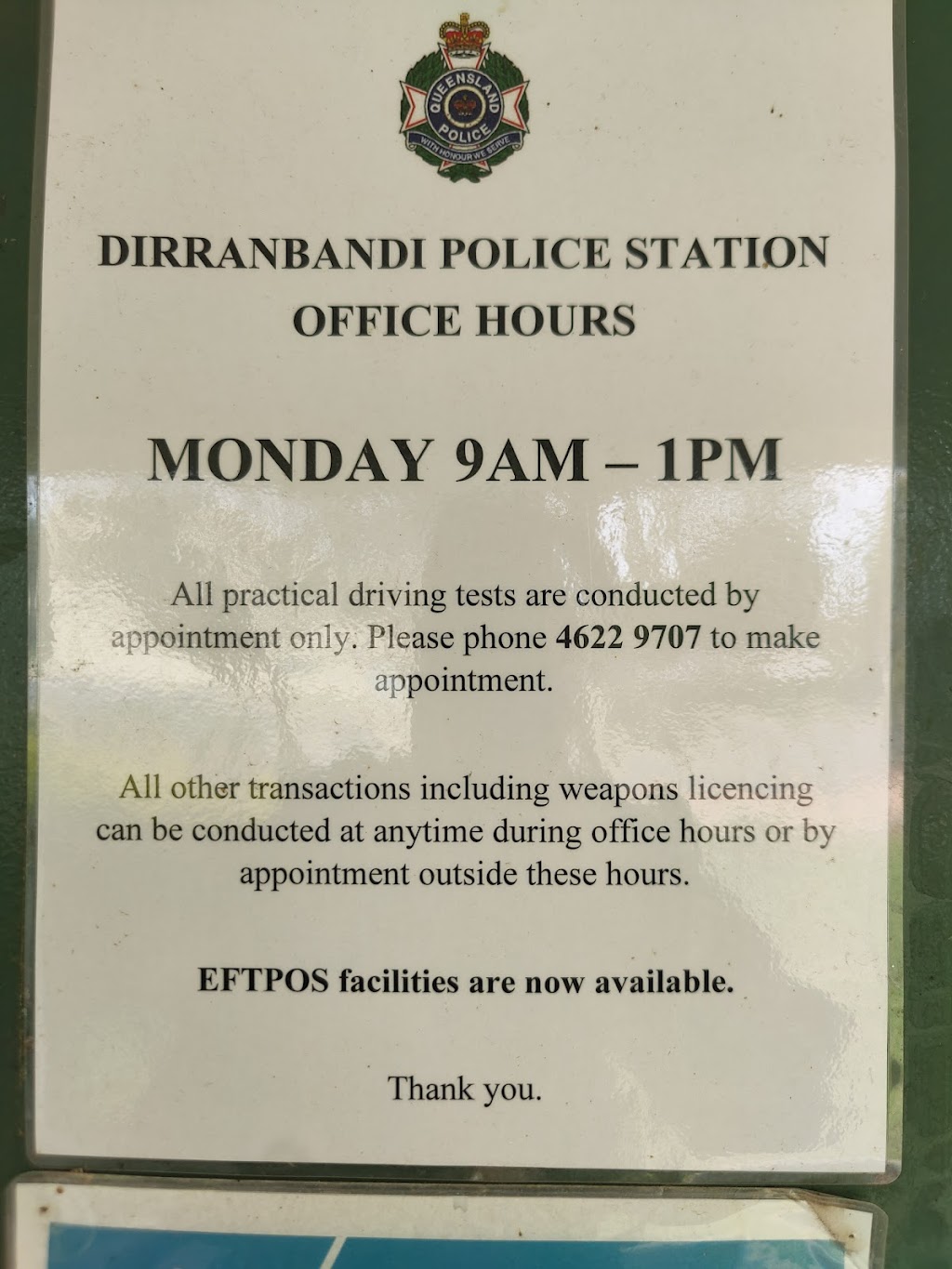 Dirranbandi Police Station | police | 13 Kirby St, Dirranbandi QLD 4486, Australia | 0746229707 OR +61 7 4622 9707