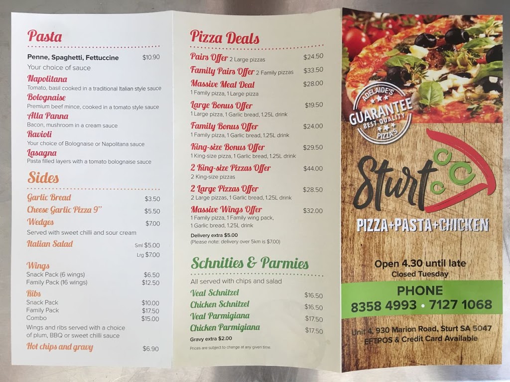 Sturt Pizza Pasta & Chicken | meal takeaway | 4/930 Marion Rd, Sturt SA 5047, Australia | 0883584993 OR +61 8 8358 4993