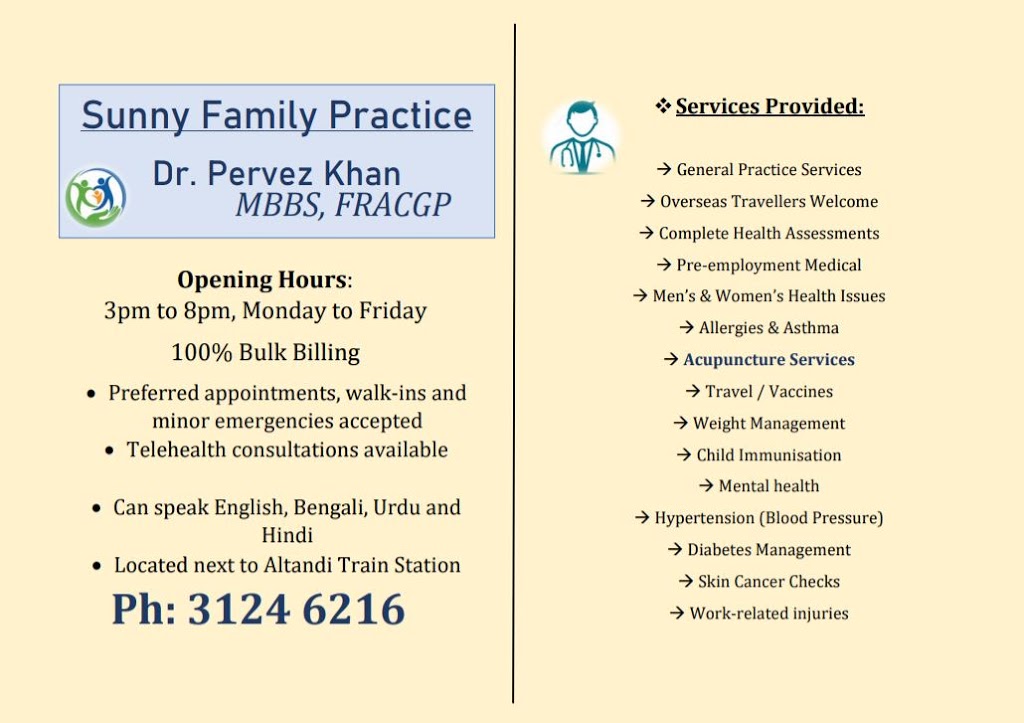 Sunny Family Practice - Dr Pervez Khan | hospital | shop 2/95 Mains Rd, Sunnybank QLD 4109, Australia | 0731246216 OR +61 7 3124 6216