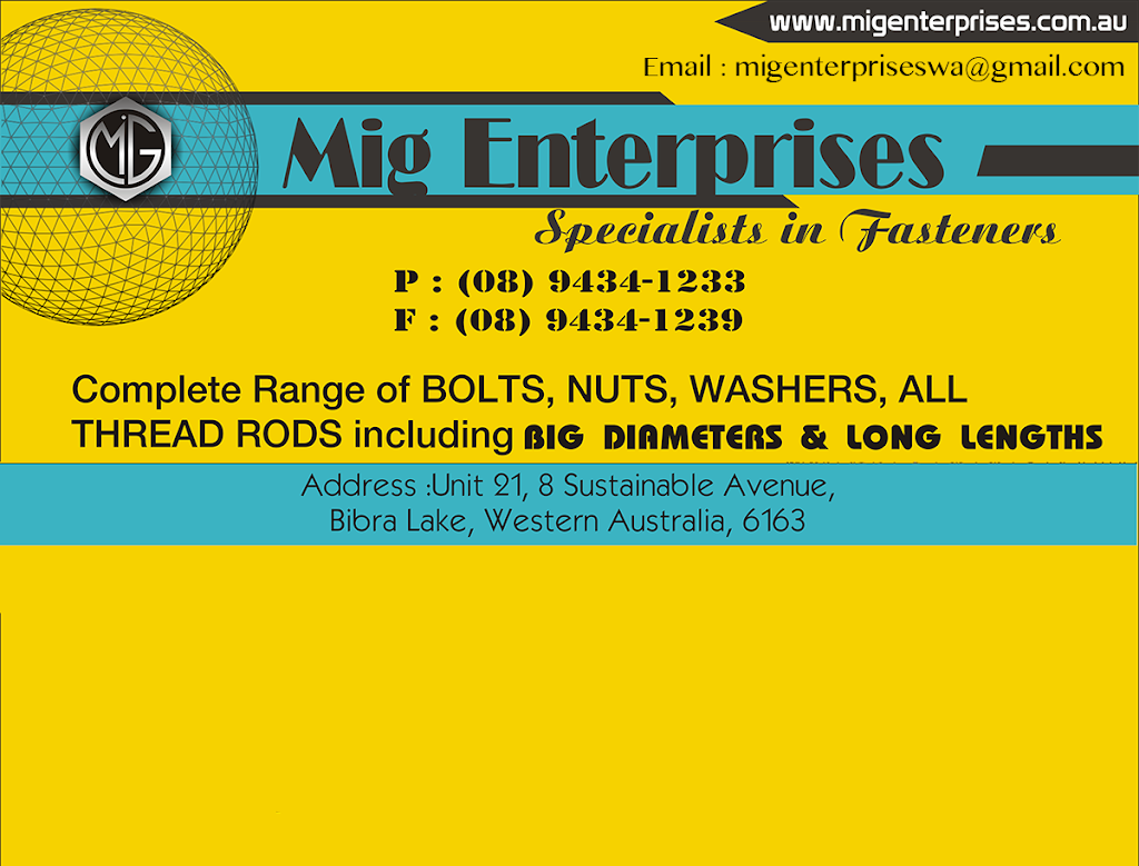 Mig Enterprises - Fasteners Manufacturers & Suppliers | 21/8 Sustainable Ave, Bibra Lake WA 6163, Australia | Phone: (08) 9434 1233