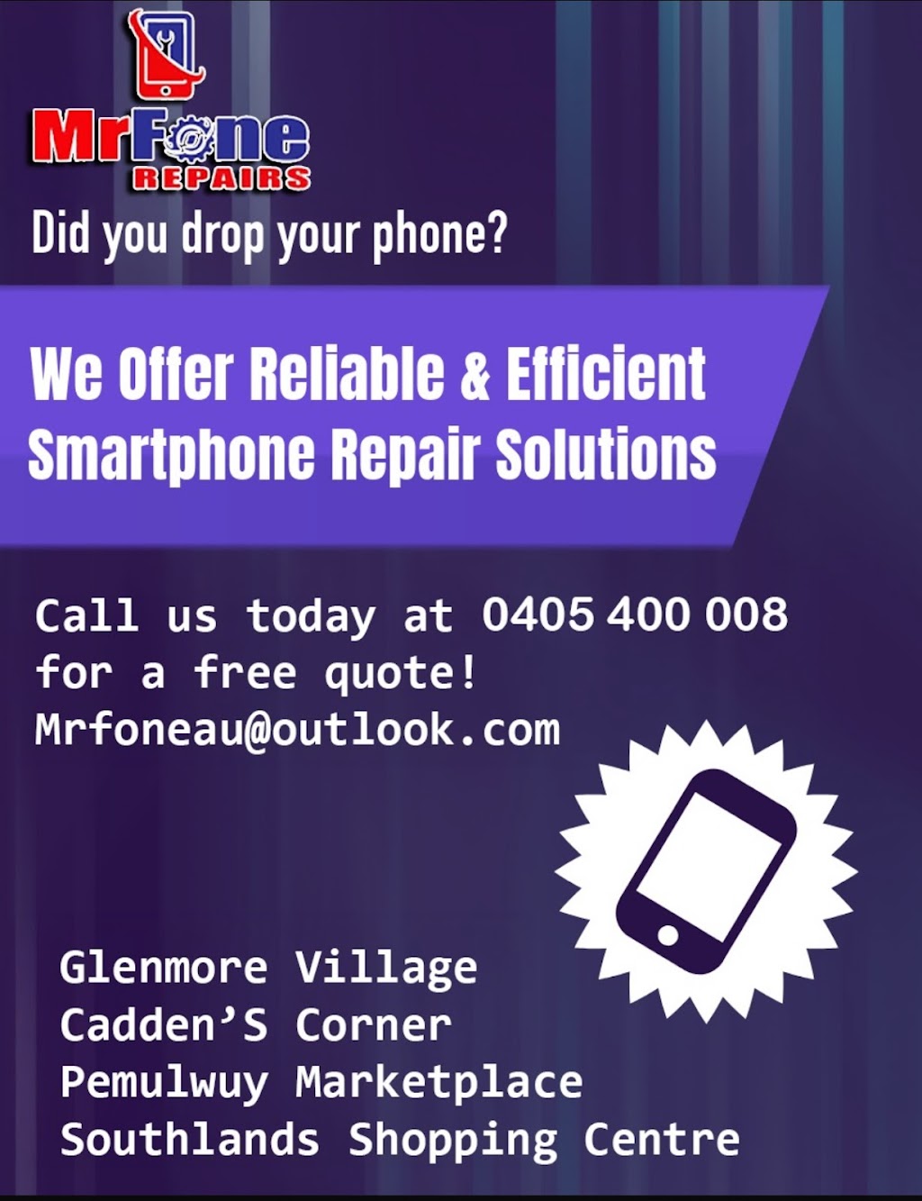 Mr Fone Repairs | Glenmore Village Shopping Centre, Shop 5b/90 Glenmore Ridge Dr, Glenmore Park NSW 2745, Australia | Phone: 0405 400 008