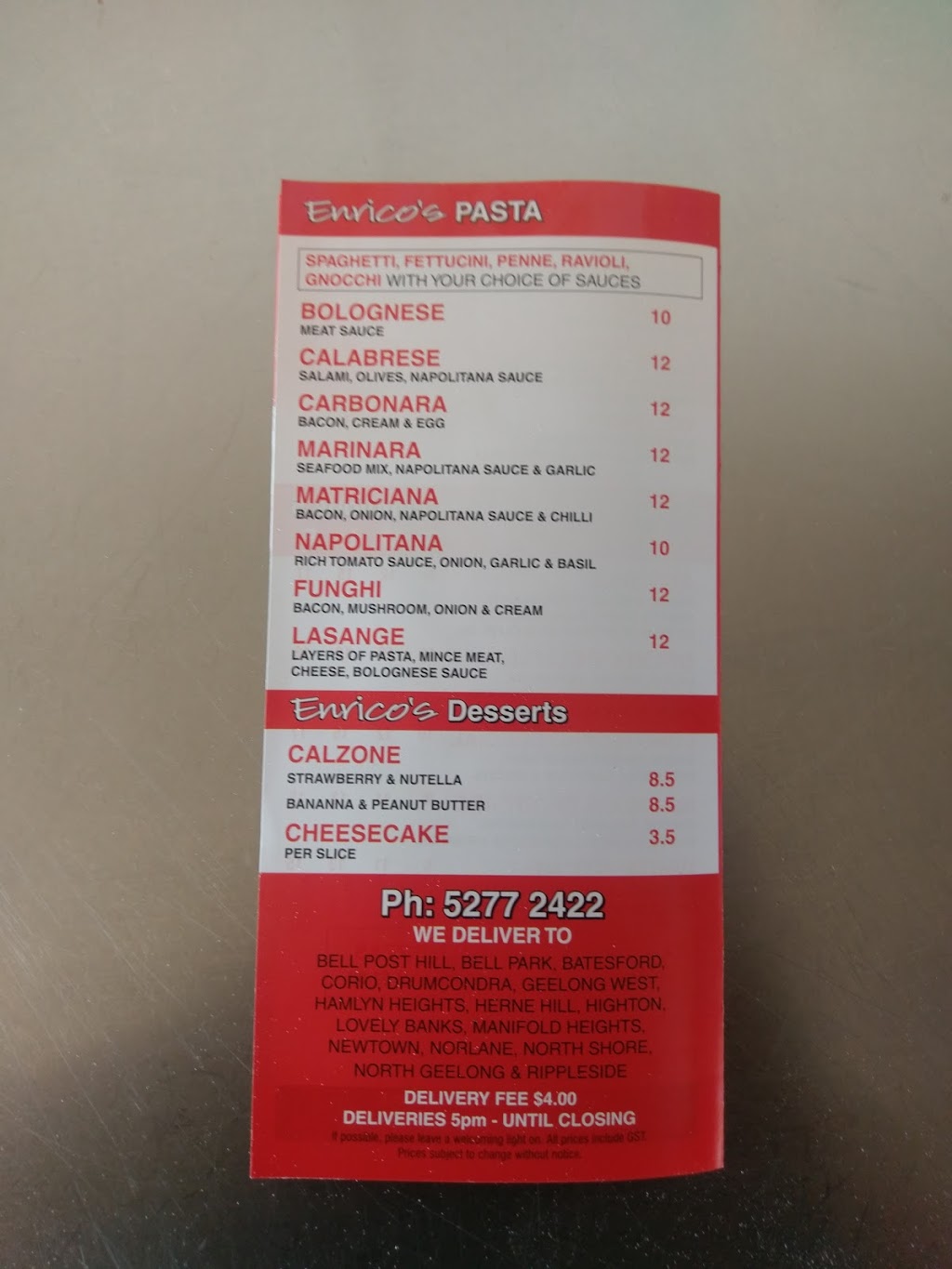 Enricos Pizza & Pasta | meal takeaway | 2 Beauford Ave, Bell Post Hill VIC 3215, Australia | 0352772422 OR +61 3 5277 2422