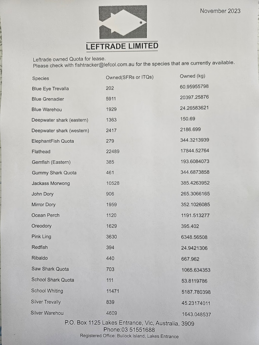 Leftrade Fish Quota | 37 Bullock Island Rd, Lakes Entrance VIC 3909, Australia | Phone: (03) 5155 1688