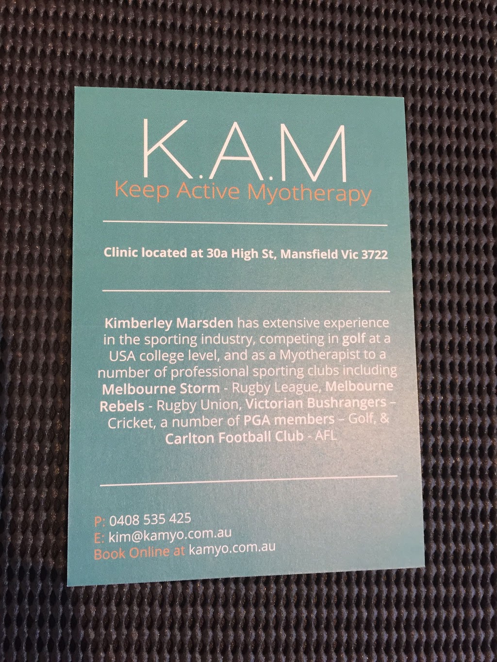 Keep Active Myotherapy - KAM | 9 Baldry St, Mansfield VIC 3722, Australia | Phone: 0408 535 425
