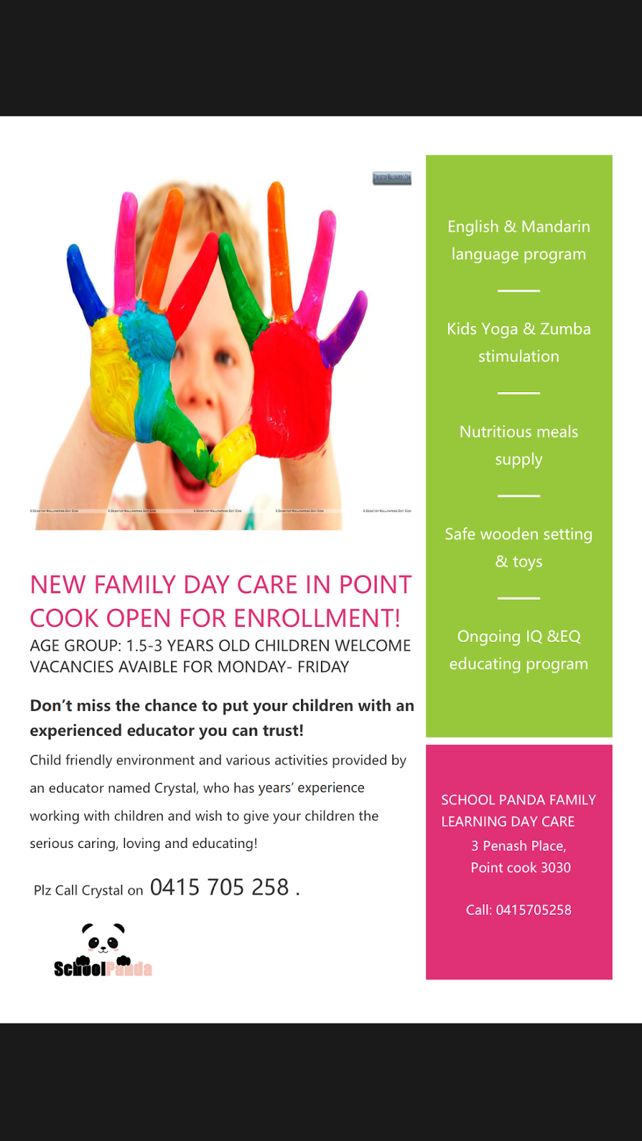 School Panda Family Day Care | 3 Penash Pl，Point Cook VIC 3030, 墨尔本 VIC 3030, Australia | Phone: 0415 705 258