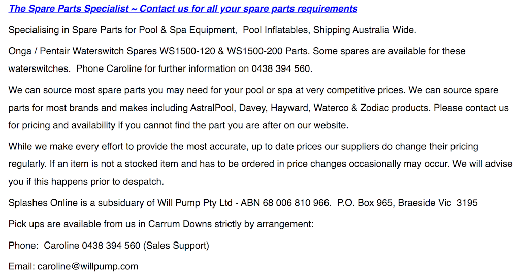 Will Pump Pty Ltd. Trading as Splashes Online Pool Shop | store | 5 Sunrise Ct, Carrum Downs VIC 3201, Australia | 0438394560 OR +61 438 394 560