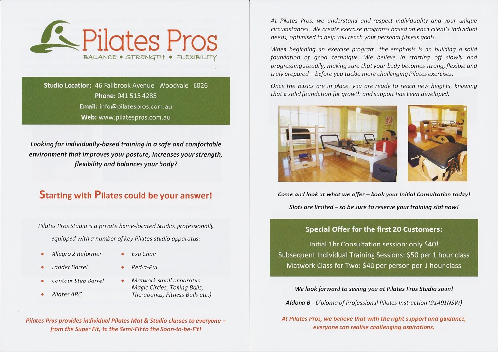 Pilates Pros | gym | 46 Fallbrook Ave, Woodvale WA 6026, Australia | 0415154285 OR +61 415 154 285