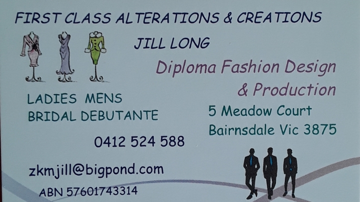 First Class Alterations and Creations / Jill Long | 5 Meadow Ct, Bairnsdale VIC 3875, Australia | Phone: 0412 524 588