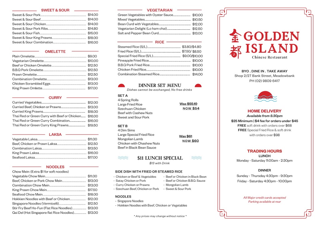 Golden Island Chinese Take Away | meal takeaway | 27 Bank St, Meadowbank NSW 2114, Australia | 0298096417 OR +61 2 9809 6417