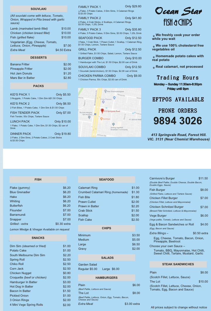 Ocean Star Fish & Chips | meal takeaway | 413 Springvale Rd, Forest Hill VIC 3131, Australia | 0398943026 OR +61 3 9894 3026