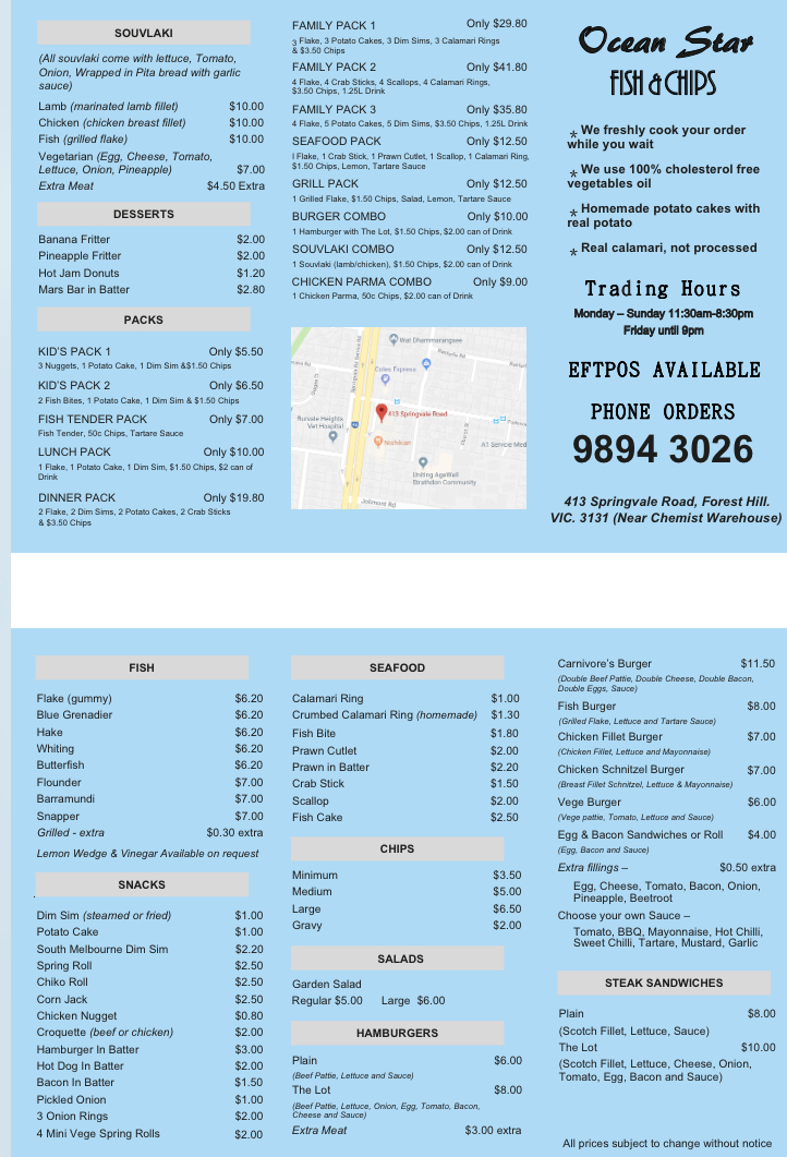 Ocean Star Fish & Chips | 413 Springvale Rd, Forest Hill VIC 3131, Australia | Phone: (03) 9894 3026