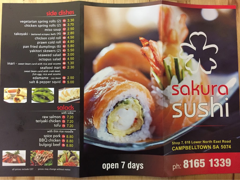 Sakura Sushi(Campbelltown) | shop7, N E, 618 Lower North East Rd, Campbelltown SA 5074, Australia | Phone: (08) 8165 1339