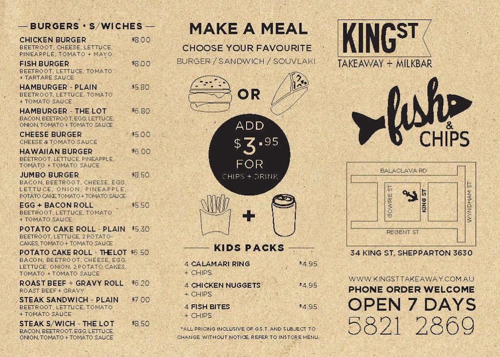 King St Takeaway & Milkbar | meal takeaway | 34 King St, Shepparton VIC 3630, Australia | 0358212869 OR +61 3 5821 2869