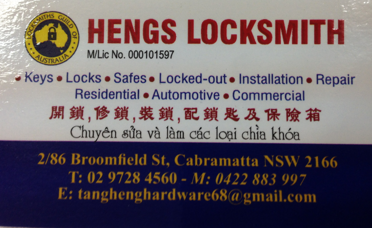 Hengs Locksmith | 2/86 Broomfield St, Cabramatta NSW 2166, Australia | Phone: 0422 883 997