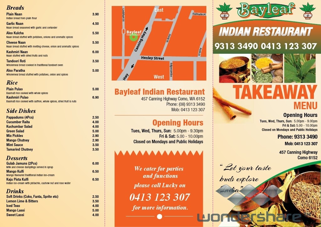 Bayleaf Indian Restaurant | restaurant | 457 Canning Hwy, Como WA 6152, Australia | 0893133490 OR +61 8 9313 3490