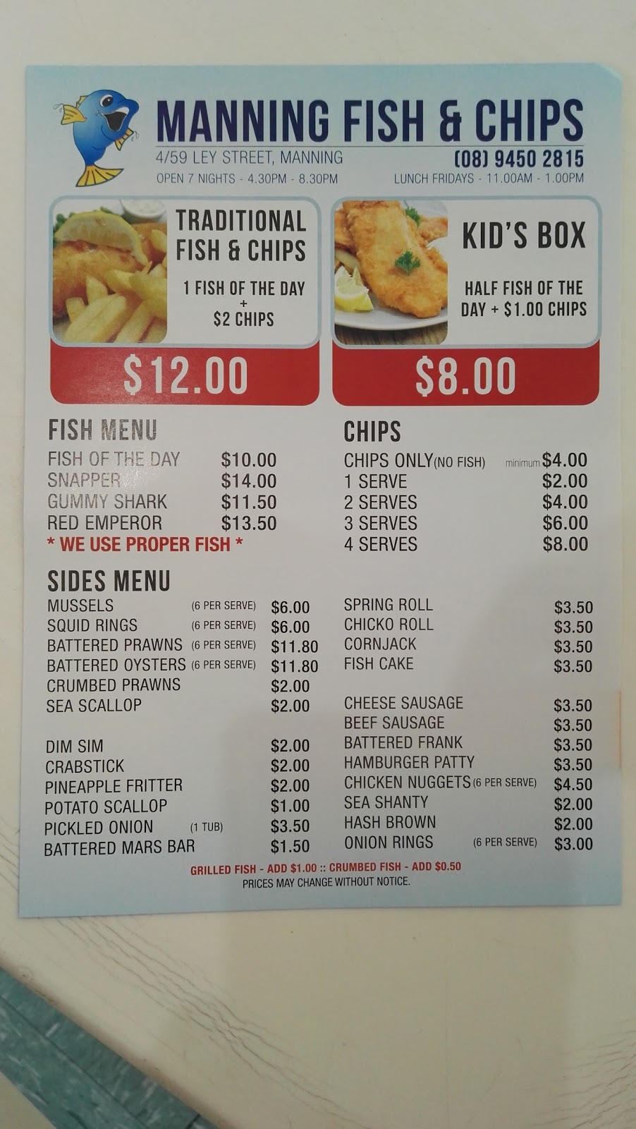 Manning Fish Supply | meal takeaway | 4/59 Ley St, Manning WA 6152, Australia | 0894502815 OR +61 8 9450 2815