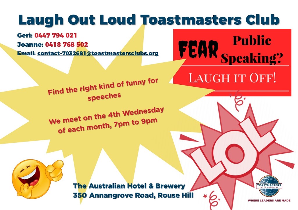 Laugh Out Loud Toastmasters Club | The Australian Hotel and Brewery, 350 Annangrove Rd, Rouse Hill NSW 2153, Australia | Phone: 0421 543 605