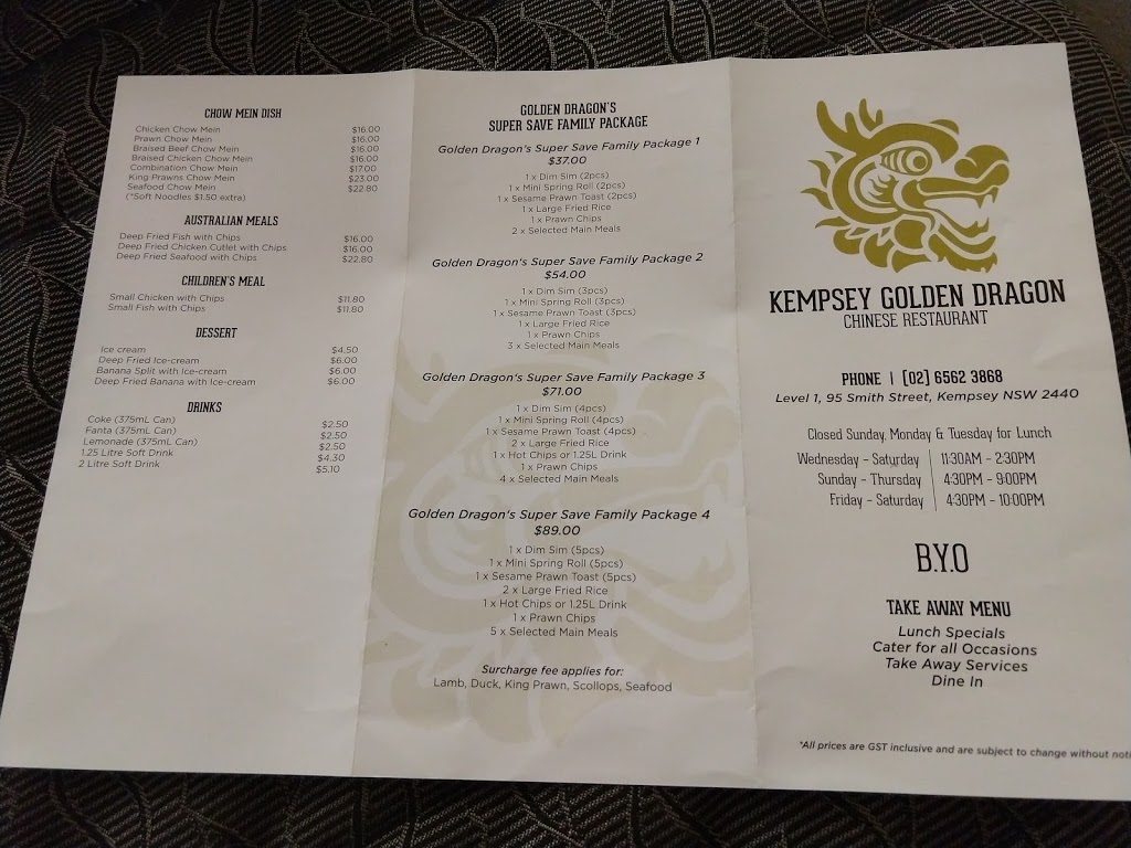 Kempsey Golden Dragon Chinese Restaurant | restaurant | level 1/95 Smith St, Kempsey NSW 2440, Australia | 0265623868 OR +61 2 6562 3868