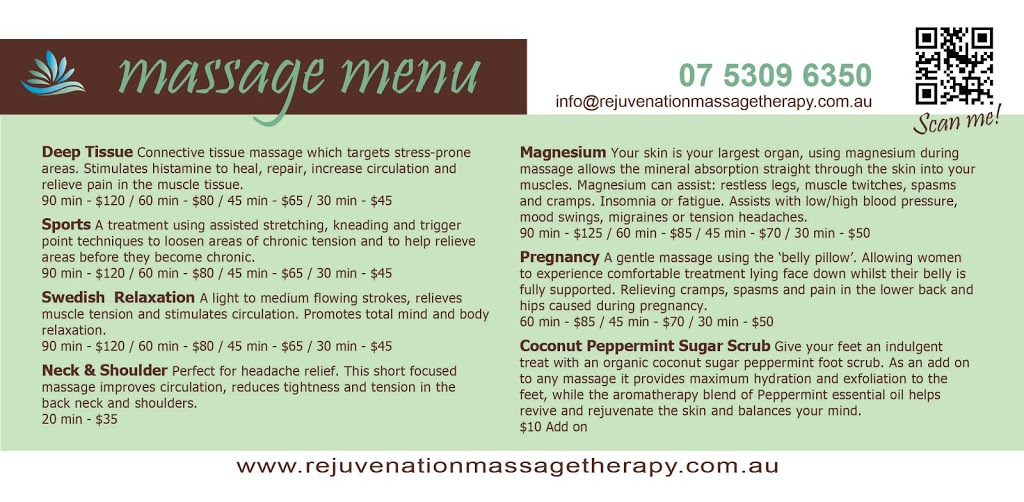 Rejuvenation Massage Therapy | 43 Duporth Ave, Maroochydore QLD 4558, Australia | Phone: (07) 5309 6350