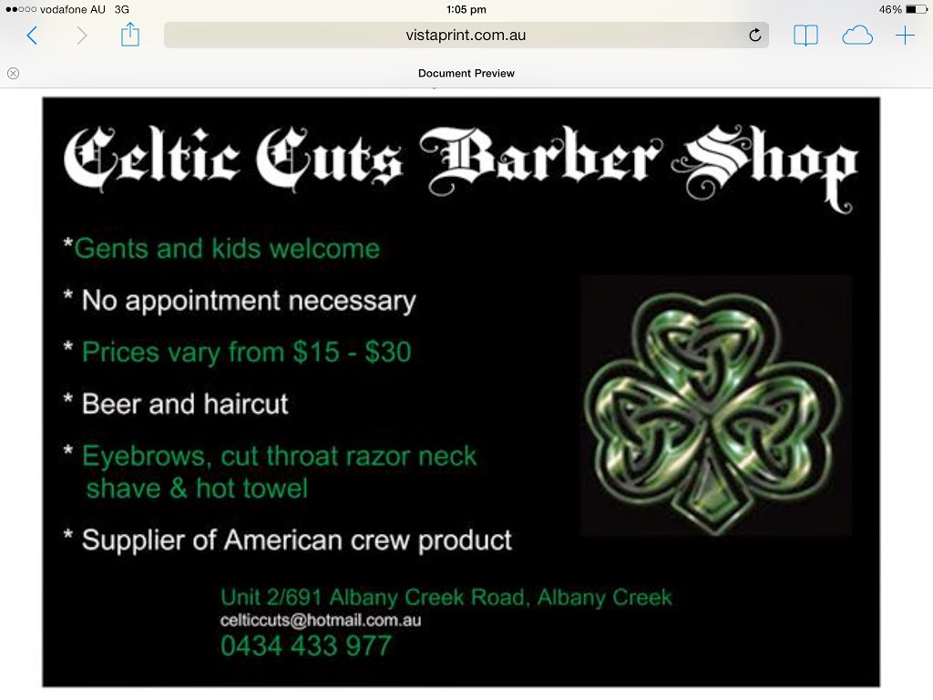 Celtic Cuts | 691 Albany Creek Rd, Albany Creek QLD 4035, Australia | Phone: 0434 433 977