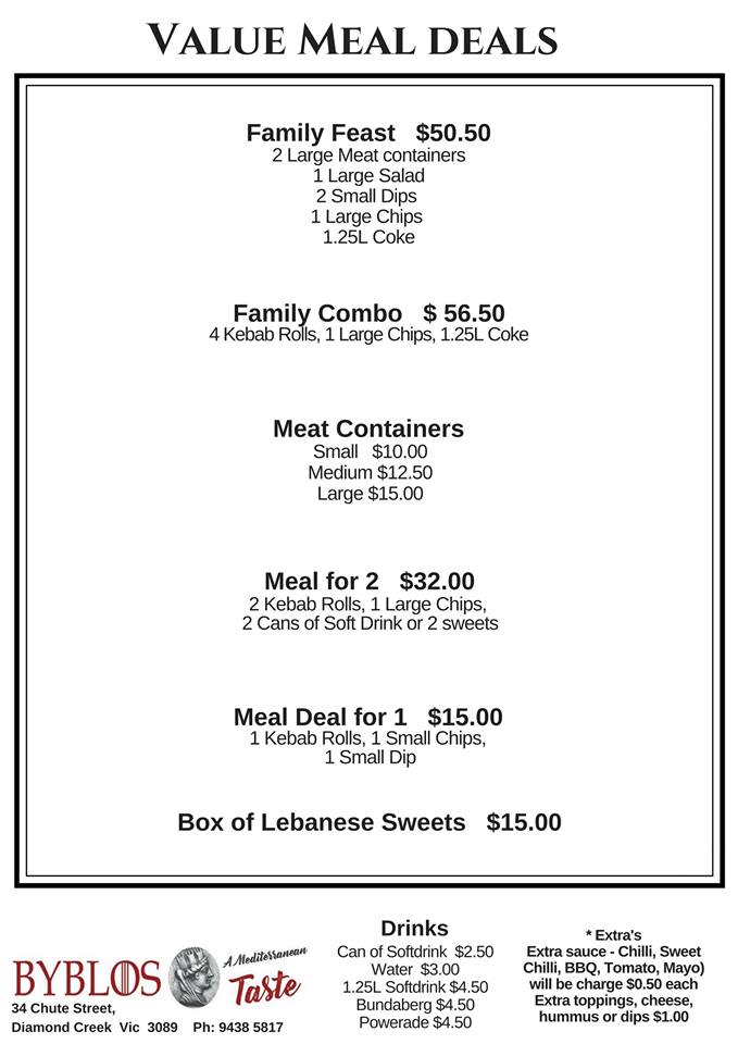 Byblos Kebabs: A Mediterranean Taste | restaurant | 34 Chute St, Diamond Creek VIC 3089, Australia | 0394385817 OR +61 3 9438 5817