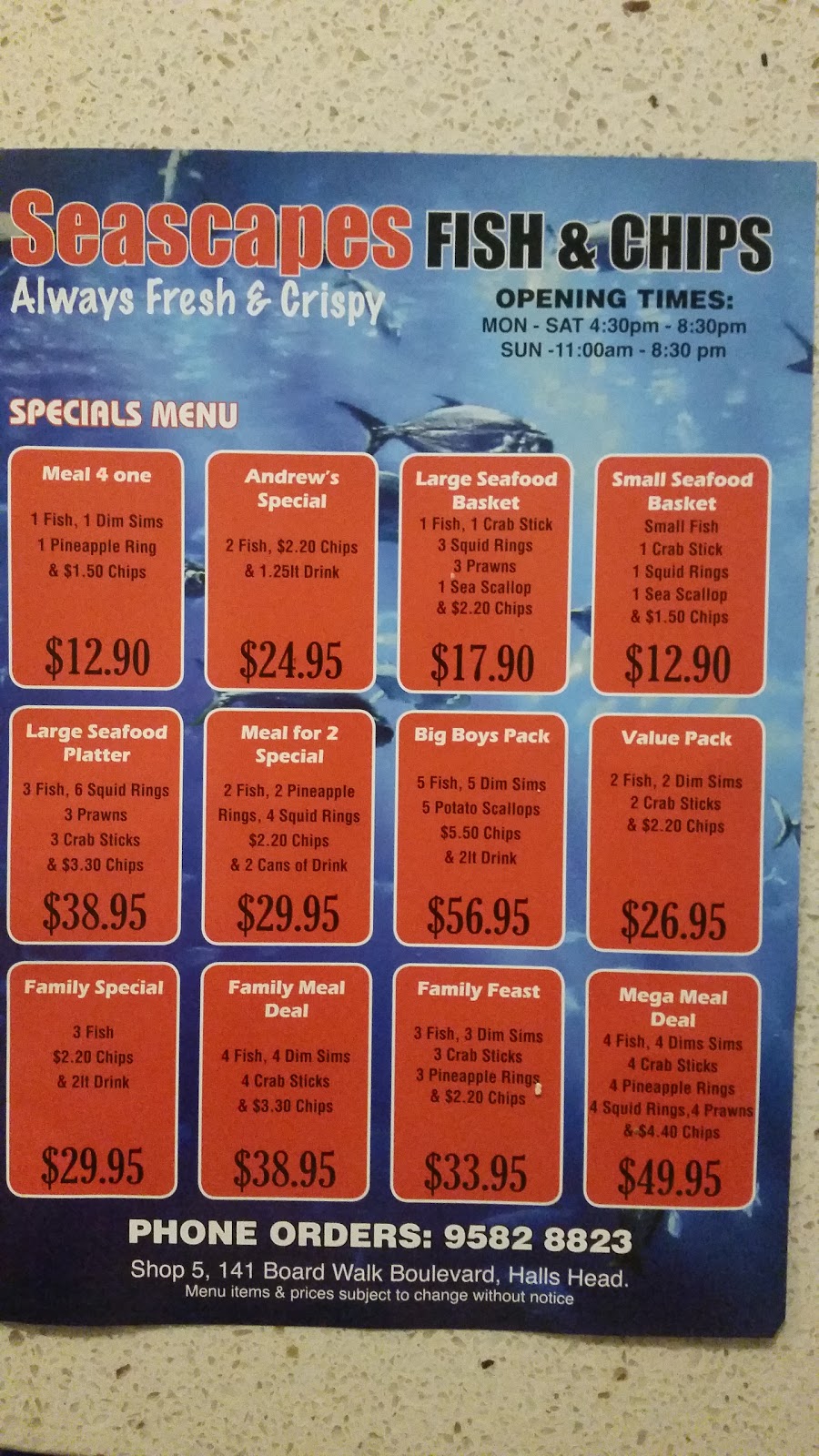 Seascapes Fish and Chips | meal takeaway | 5/141 Seascapes Blvd, Halls Head WA 6210, Australia | 0895828823 OR +61 8 9582 8823